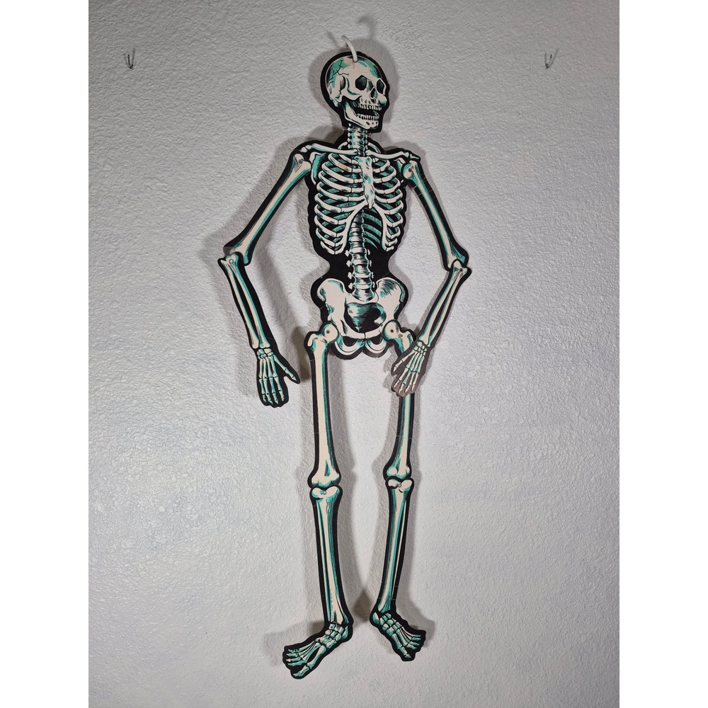 Vtg Beistle Jointed Cardboard Skeleton Halloween Decoration Teal Cream 36 Inch
